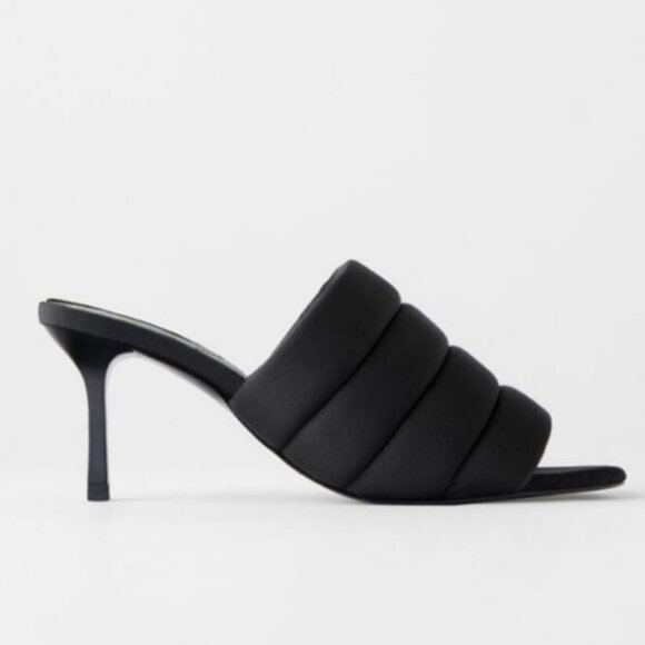 Zara Padded Quilted Slip On Slide Heel Mules Sandals 36 Black Square Toe Comfy - Picture 2 of 16
